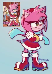 Size: 1184x1684 | Tagged: safe, artist:skylooms, amy rose, 2024, angry, arms folded, cheek fluff, frown, grey background, lidded eyes, looking offscreen, redraw, scarf, signature, simple background, smile, standing