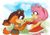 Size: 2744x1900 | Tagged: safe, artist:pupisuwu, amy rose, sticks the badger, 2024, abstract background, amy x sticks, amybetes, blushing, clenched teeth, clouds, cute, daytime, duo, flower, flower bouquet, heart, holding something, lesbian, looking at something, looking at them, outdoors, shipping, smile, standing, stickabetes