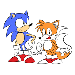 Size: 2000x2000 | Tagged: safe, artist:dicgirl, miles "tails" prower, sonic the hedgehog, 2024, classic sonic, classic tails, duo, flat colors, hand on hip, looking at them, looking at viewer, mouth open, signature, simple background, smile, standing, white background