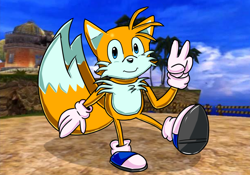 Size: 1092x764 | Tagged: safe, artist:arereallycooltailsfan, miles "tails" prower, sonic adventure, 2024, blue shoes, looking at viewer, mystic ruins, screenshot background, smile, solo, standing on one leg, v sign