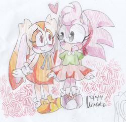 Size: 2257x2185 | Tagged: safe, artist:lucas420, amy rose, cream the rabbit, 2014, abstract background, amream, blushing, classic amy, duo, heart, lesbian, looking at each other, shipping, signature, smile, traditional media