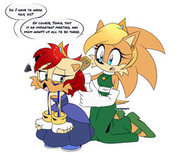 Size: 1680x1461 | Tagged: safe, artist:risziarts, sonia acorn, oc, oc:alicia acorn, chipmunk, hedgehog, 25/30 years later, au:sonic world travel, blue power pattern, dress, earring, no power pattern, sisters, tiara, transparent background