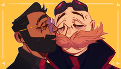 Size: 2048x1160 | Tagged: safe, artist:demetera-kaziaik, agent stone, robotnik, human, border, duo, eyes closed, gay, kiss on cheek, shipping, simple background, smile, stobotnik, yellow background