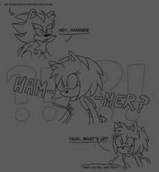 Size: 1200x1300 | Tagged: safe, artist:deimostes, amy rose, shadow the hedgehog, oc, oc:hammer the hedgehog, arrow (weapon), dialogue, duo, english text, grey background, lidded eyes, line art, simple background, smile, speech bubble, sweatdrop, thought bubble, top surgery scars, trans boy amy, trans boy shadow, trans male, transgender