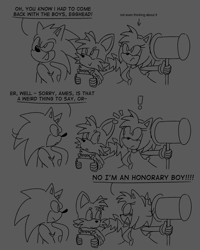 Size: 1200x1500 | Tagged: safe, artist:deimostes, amy rose, miles "tails" prower, sonic the hedgehog, dialogue, english text, frown, grey background, holding something, line art, miles electric, mouth open, piko piko hammer, simple background, smile, speech bubble, standing, top surgery scars, trans boy amy, trans boy sonic, trans male, transgender, trio