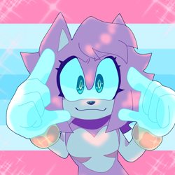 Size: 1640x1640 | Tagged: safe, artist:knizuu, amy rose, alternate version, icon, looking at viewer, pride flag background, smile, solo, sparkles, standing, trans boy amy, trans male, transgender, transmasc pride, transmasculine