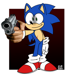 Size: 1845x2048 | Tagged: safe, artist:zimisnotdrifting, sonic the hedgehog, gun, holding something, meme, pointing gun at viewer, semi-transparent background, shadowed face, signature, smile, solo, standing, top surgery scars, trans boy sonic, trans male, transgender