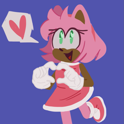 Size: 741x741 | Tagged: safe, artist:spinsun, amy rose, amybetes, blue background, cute, dark skin, heart, heart hands, looking offscreen, mouth open, simple background, smile, solo