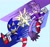Size: 2048x1937 | Tagged: safe, artist:spinsun, blaze the cat, sonic the hedgehog, abstract background, clenched fist, duo, looking at each other, smile, sonic rush