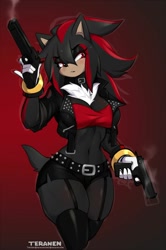 Size: 1330x2000 | Tagged: safe, artist:teranen, shadow the hedgehog, black leather jacket, choker, gender swap, gun, signature, smoke, studded leather