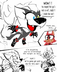 Size: 1581x2000 | Tagged: safe, artist:the-hydroxian-artblog, gadget the wolf, infinite the jackal, mephiles the dark, scourge the hedgehog, oc, oc:zero the jackal, comic, dialogue, english text, heterochromia, implied murder, personality swap