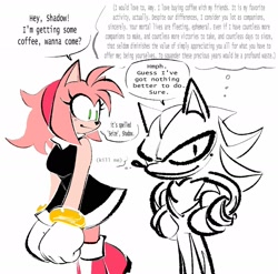 Size: 2000x1978 | Tagged: safe, artist:the-hydroxian-artblog, amy rose, shadow the hedgehog, amy's halterneck dress, dialogue, hands on hips, looking at them, mind reading, monochrome, thinking, thought bubble, white background