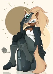 Size: 1429x2000 | Tagged: safe, artist:skyversa, whisper the wolf, abstract background, diamond cutters outfit, hair over one eye, looking at viewer, sitting, watermark