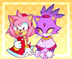 Size: 1222x1016 | Tagged: safe, artist:mina404, amy rose, blaze the cat, cat, hedgehog, 2020, abstract background, amy x blaze, amy's halterneck dress, amybetes, badge, blazebetes, blushing, cute, duo, eyes closed, female, females only, hands together, heart, lesbian, lesbian pride, looking at them, outline, pride, shipping, standing, thumbs up, trans female, trans pride, transgender, whiskers, yellow sclera