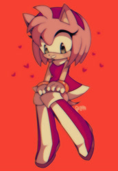 Size: 704x1024 | Tagged: safe, artist:849removal, amy rose, amybetes, blushing, cute, heart, looking down, mouth open, red background, signature, simple background, sitting, smile, solo