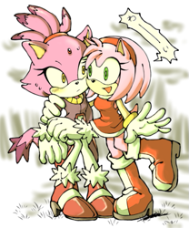 Size: 457x550 | Tagged: safe, artist:emefuran, amy rose, blaze the cat, amy x blaze, arm around shoulders, blushing, duo, frown, lesbian, looking at each other, shipping, smile, speech bubble, standing, standing on one leg, sweatdrop