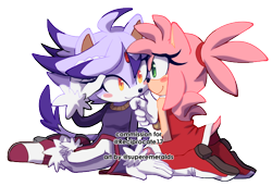 Size: 678x465 | Tagged: safe, artist:superemeralds, amy rose, blaze the cat, amy x blaze, amybetes, blazebetes, blushing, cute, duo, finger under chin, hair down, hair up, hairstyle swap, kneeling, lesbian, looking at each other, shipping, signature, simple background, smile, transparent background