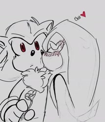 Size: 1860x2171 | Tagged: safe, artist:123puppy, mighty the armadillo, shadow the hedgehog, blushing, blushing ears, chu, cute, daisy (flower), duo, eyes closed, floppy ears, flower, frown, gay, grey background, heart, holding something, kiss on cheek, line art, mightabetes, mightadow, sfx, shadowbetes, shipping, simple background, standing