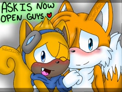 Size: 512x387 | Tagged: safe, artist:zeny doodles, miles "tails" prower, ray the flying squirrel, 2015, abstract background, blushing, cute, duo, english text, gay, heart, holding them, looking at viewer, rayabetes, shipping, signature, smile, tailabetes, tailray, wink