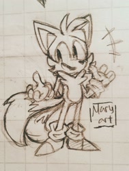 Size: 1536x2035 | Tagged: safe, artist:pretzy, miles "tails" prower, line art, looking offscreen, mouth open, pencilwork, shrugging, signature, smile, solo, traditional media