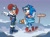 Size: 2000x1474 | Tagged: safe, artist:chauvels, sally acorn, sonic the hedgehog, duo, goggles, outdoors, sign, snowboard, snowflake, winter