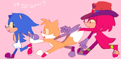 Size: 1209x590 | Tagged: safe, artist:r-yo, knuckles the echidna, miles "tails" prower, sonic the hedgehog, dialogue, english text, hat, looking at each other, looking at them, looking back, looking back at them, pink background, running, simple background, team sonic, trio, yellow sclera