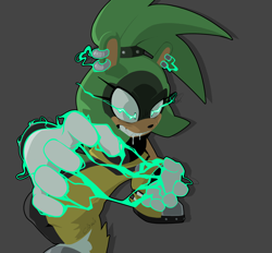 Size: 2048x1899 | Tagged: safe, artist:irregularcloudi, surge the tenrec, clenched teeth, drooling, electricity, glowing eyes, grey background, looking offscreen, saliva, simple background, solo