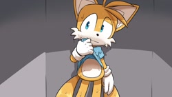 Size: 1248x702 | Tagged: safe, artist:seen023hey, miles "tails" prower, 2024, abstract background, alternate outfit, looking offscreen, shirt, shirt lift, smile, solo, standing, sweat, sweatdrop