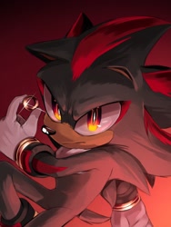 Size: 1536x2048 | Tagged: safe, artist:studiononsense, shadow the hedgehog, sonic the hedgehog 3 (film), 2024, frown, glowing eyes, gradient background, holding something, looking at viewer, ring, shine, solo