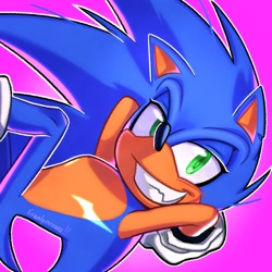 Size: 2000x2000 | Tagged: safe, artist:ivalynroses, sonic the hedgehog, 2024, clenched teeth, falling, hands behind head, lidded eyes, outline, purple background, signature, simple background, smile, solo, top surgery scars, trans male, transgender