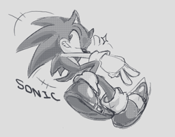 Size: 468x365 | Tagged: safe, artist:bluhrgher, sonic the hedgehog, 2024, backwards v sign, character name, grey background, greyscale, looking offscreen, monochrome, posing, simple background, smile, solo