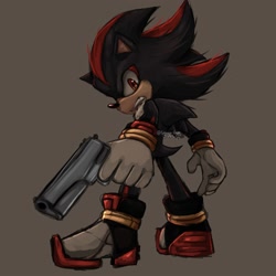 Size: 2000x2000 | Tagged: safe, artist:sammy_chan7, shadow the hedgehog, sonic the hedgehog 3 (film), 2024, clenched teeth, frown, grey background, gun, holding something, looking at viewer, posing, redraw, shadow the hedgehog (video game), signature, simple background, solo, standing