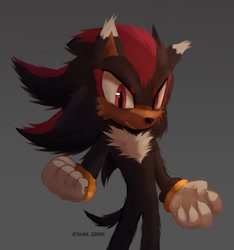 Size: 1268x1355 | Tagged: safe, artist:cha0s_error, shadow the hedgehog, sonic the hedgehog 3 (film), 2024, clenched fists, frown, grey background, lineless, looking at viewer, one fang, signature, simple background, solo, standing