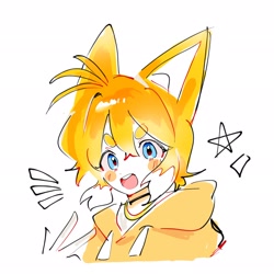 Size: 2048x2048 | Tagged: safe, artist:pigpotat0, miles "tails" prower, human, 2024, backwards v sign, beanbrows, blushing, bust, cute, eyebrow clipping through hair, fox ears, hoodie, humanized, looking at viewer, mouth open, simple background, smile, solo, star (symbol), tailabetes, white background