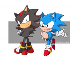 Size: 1300x1000 | Tagged: safe, artist:sakana_wo_kuu, shadow the hedgehog, sonic the hedgehog, 2024, classic shadow, classic sonic, duo, simple background, style emulation, white background