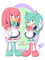 Size: 775x1024 | Tagged: safe, artist:koruri1991hszn, knuckles the echidna, sonic the hedgehog, 2024, alternate outfit, blushing, crossdressing, dress, duo, maid outfit