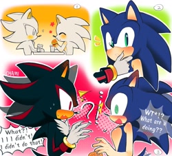 Size: 1567x1421 | Tagged: safe, artist:61chami, shadow the hedgehog, sonic the hedgehog, 2024, burger, comic, dialogue, duo, eating, english text, food, hand on another's face, shadow x sonic, shipping