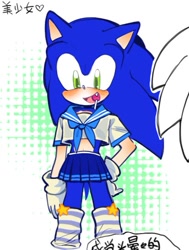 Size: 413x545 | Tagged: safe, artist:61chami, sonic the hedgehog, crossdressing, schoolgirl outfit, solo