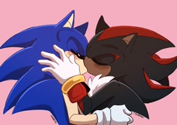 Size: 2048x1448 | Tagged: safe, artist:miitsubo, shadow the hedgehog, sonic the hedgehog, 2024, blushing, duo, eyes closed, gay, holding each other, kiss, pink background, shadow x sonic, shipping, simple background, standing