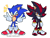 Size: 1774x1343 | Tagged: safe, artist:kirby-popstar, shadow the hedgehog, sonic the hedgehog, sonic the hedgehog 3 (film), 2024, blushing, double v sign, duo, frown, glowing eyes, looking at viewer, shadowbetes, signature, simple background, smile, sonabetes, standing, v sign, white background, wink