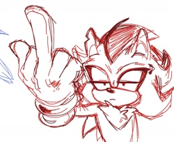 Size: 1992x1623 | Tagged: safe, artist:octo__pie, shadow the hedgehog, sonic the hedgehog 3 (film), 2024, chipped ear, frown, lidded eyes, line art, looking offscreen, middle finger, simple background, sketch, solo, white background