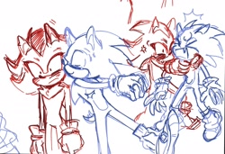 Size: 2048x1403 | Tagged: safe, artist:octo__pie, shadow the hedgehog, sonic the hedgehog, sonic the hedgehog 3 (film), 2024, blushing, cross popping vein, cute, duo, eyes closed, frown, gay, holding them, kiss on cheek, line art, looking at them, mouth open, one fang, shadow x sonic, shipping, shrunken pupils, simple background, sketch, sonabetes, standing, standing on one leg, top surgery scars, trans male, transgender, white background