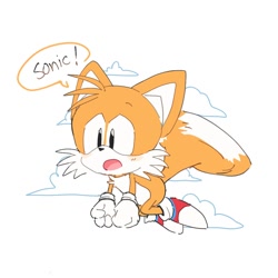 Size: 1000x1000 | Tagged: safe, artist:melida56345744, miles "tails" prower, 2024, blushing, classic tails, clouds, cute, dialogue, flying, implied sonic, looking offscreen, mouth open, simple background, solo, speech bubble, spinning tails, tailabetes, white background