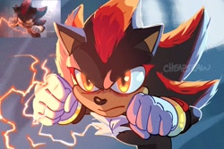 Size: 2048x1365 | Tagged: safe, artist:cheap-slaw, shadow the hedgehog, sonic the hedgehog 3 (film), 2024, abstract background, clenched fist, electricity, frown, looking offscreen, redraw, reference inset, signature, solo