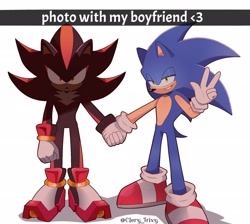 Size: 2048x1831 | Tagged: safe, artist:clery_trixy, shadow the hedgehog, sonic the hedgehog, 2024, caption, duo, english text, gay, glowing eyes, holding hands, lidded eyes, looking at viewer, meme, shadow (lighting), shadow x sonic, shadowed face, shipping, signature, simple background, smile, standing, v sign, white background