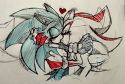 Size: 2048x1377 | Tagged: safe, artist:pix3_0, shadow the hedgehog, sonic the hedgehog, 2024, blushing, duo, eyes closed, gay, heart, holding each other, kiss, shadow x sonic, shipping, sketch, standing, traditional media