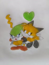 Size: 1536x2048 | Tagged: safe, artist:transgender-battlekukku, miles "tails" prower, speedy, chao, arms folded, chaobetes, chaoified, cute, duo, gay, heart, hugging, shipping, smile, speedy x tails, tailabetes, traditional media