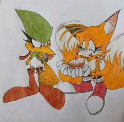 Size: 2048x2027 | Tagged: safe, artist:transgender-battlekukku, miles "tails" prower, speedy, beanbrows, cake, cute, duo, eyes closed, holding something, looking at them, plate, smile, standing, tailabetes, traditional media