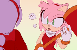 Size: 2048x1332 | Tagged: safe, artist:hewwopumpkin, amy rose, perci the bandicoot, amy x perci, duo, gradient background, holding something, lesbian, looking at each other, piko piko hammer, question mark, shipping, standing