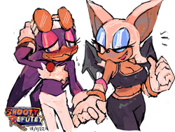 Size: 2048x1536 | Tagged: safe, artist:shootyrefutey, rouge the bat, wave the swallow, 2022, blushing, duo, hand on head, holding hands, lesbian, lidded eyes, looking at them, looking away, one fang, shipping, signature, simple background, smile, sonic riders, standing, walking, wavouge, white background, wink